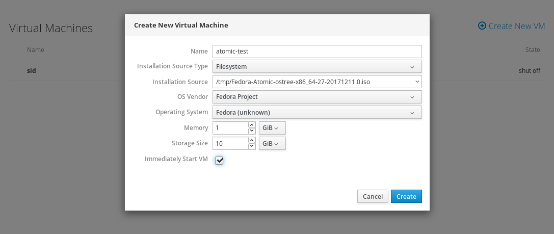 Machines Create new VM